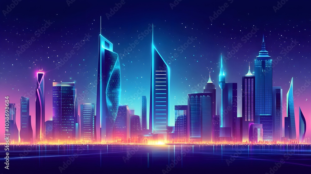 Cityscape with modern skyscrapers glowing in neon lights Cityscape with modern skyscrapers glowing in neon lights