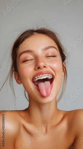 Woman with braces sticking out her tongue for oral health check