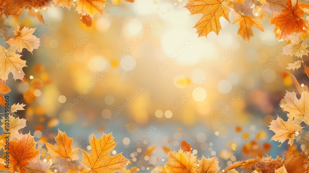 Autumn background with maple leaves and bokeh defocused lights Autumn background with maple leaves and bokeh defocused lights