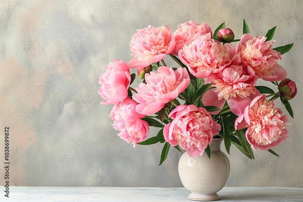 Beautiful peonies in vase on table against grunge background Beautiful peonies in vase on table against grunge background