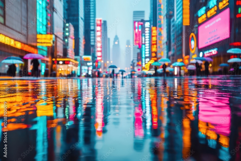 Fototapeta premium City street with reflections, colorful lights, and umbrellas on a rainy day.