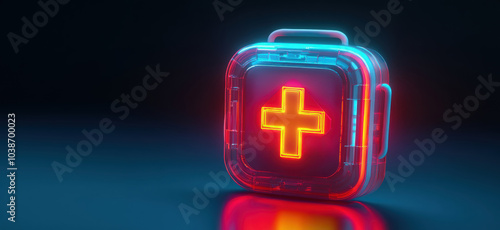 Brightly lit first aid kit with neon colors set against a dark background