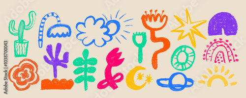 Collection charcoal doodle elements like stars, flowers, cactus,  crescent moon and  planet. Hand drawn pencil squiggles and speckles, creative abstract doodle style elements isolated on white.