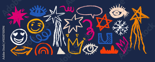 Doodle grunge colorful rock, punk and geometric shapes icon set. Hand drawn crayon lightnings, sculls, crown, stars, eye and squiggles. Punk doodle icons for stickers, collages. 