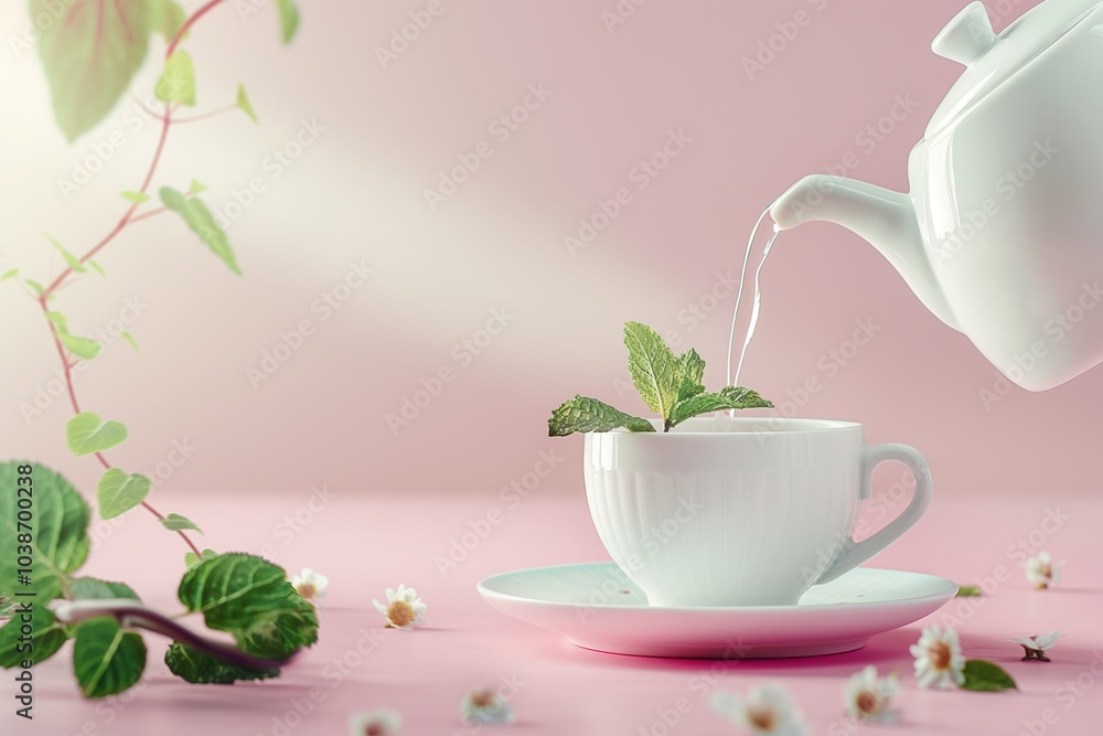 Cup of tea with mint leaves on a pink background with copy space Cup of tea with mint leaves on a pink background with copy space