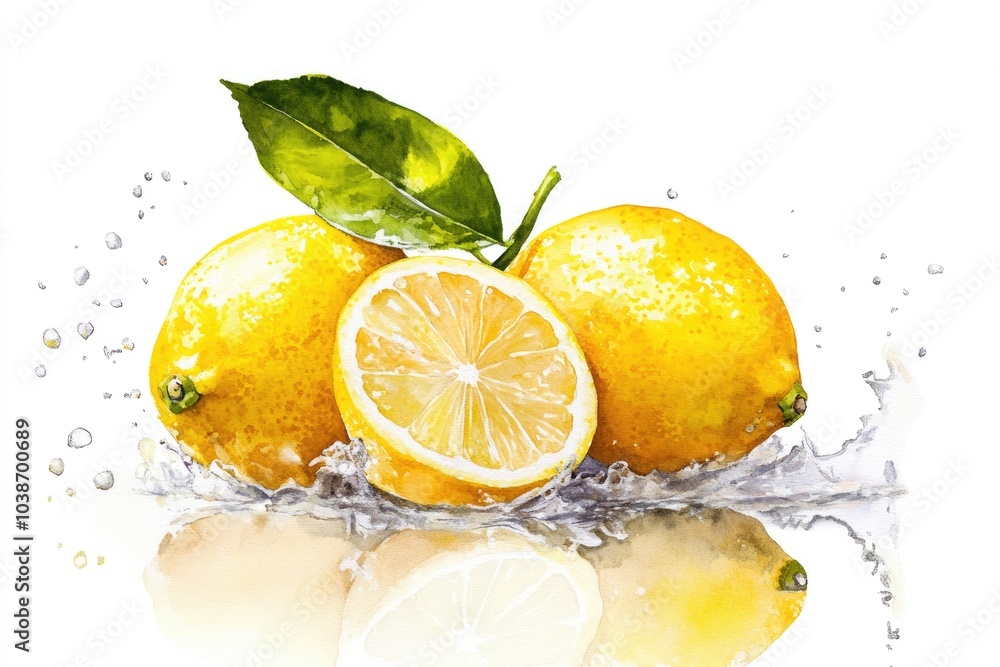 Lemon Tree Branch. Watercolor Hand-Drawing of Fresh Lemon on White Background Lemon Tree Branch. Watercolor Hand-Drawing of Fresh Lemon on White Background