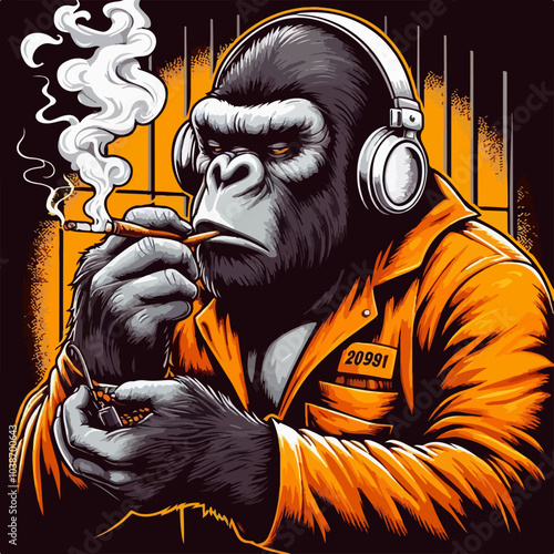 A gorilla is smoking a cigarette