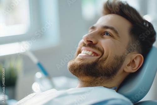 Young male patient looking at camera while sitting in dental chair