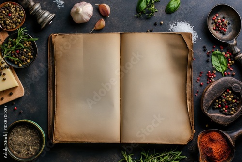Old cookbook with blank pages on dark background with spices