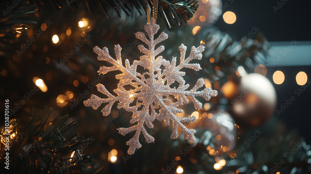 Fototapeta premium A sparkling snowflake ornament hangs on a Christmas tree branch, surrounded by festive lights, creating a warm holiday atmosphere.