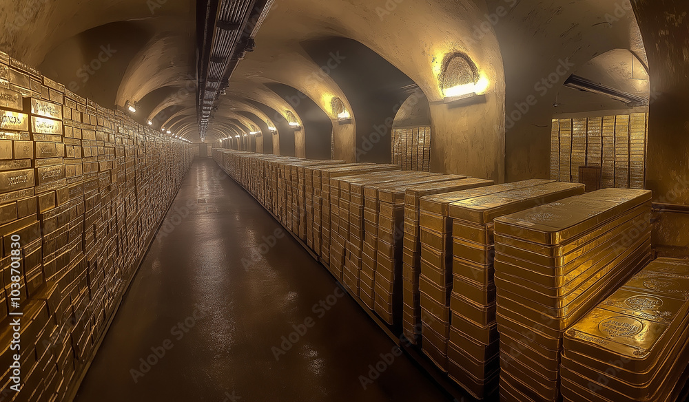 Obraz premium AI generator image of a lot of gold bars storage room,stacks of gold bars in storage in a bank vault,stacks of gold bars in storage in the basement vault of a bank