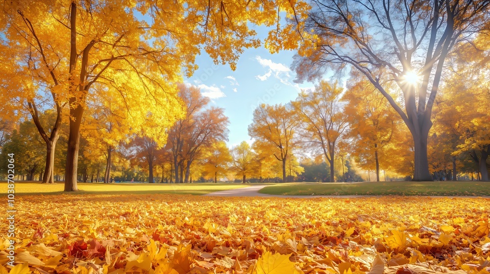A tranquil park showcases vibrant autumn trees and colorful leaves under a clear blue sky. A tranquil park showcases vibrant autumn trees and colorful leaves under a clear blue sky.