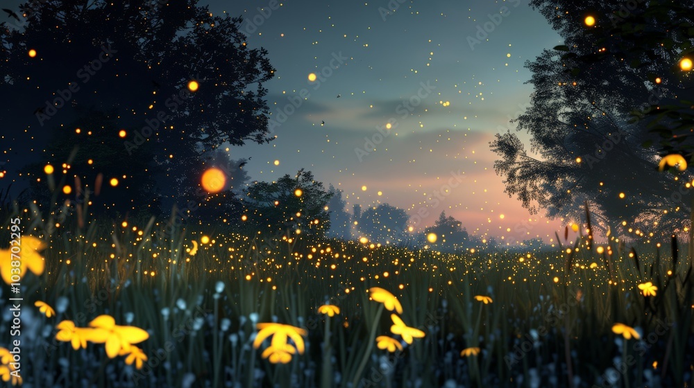 Fototapeta premium Fireflies illuminating a summer night in a field