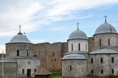 Ivangorod Fortress. The churches of St Nicholas (1498) and the Virgin's Dormition (1558) inside the fortress walls. Ivangorod, Leningrad Oblast, Russia.