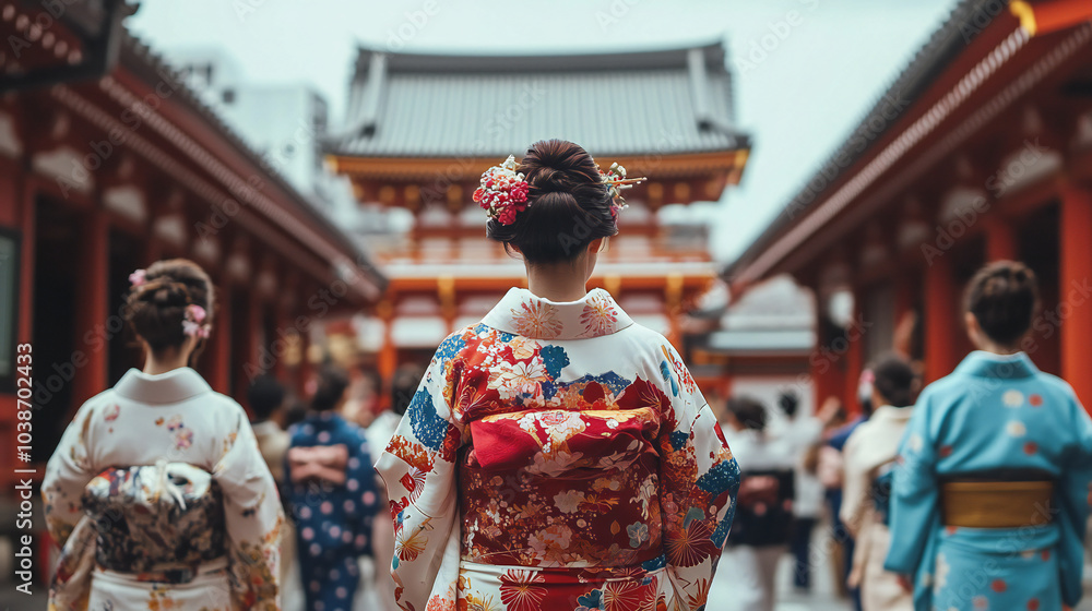 A group of women wearing colorful traditional kimonos walking towards a Japanese temple, showcasing cultural heritage and architecture. A group of women wearing colorful traditional kimonos walking towards a Japanese temple, showcasing cultural heritage and architecture.