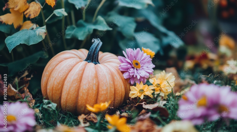 Seasonal decoration with pumpkin and flowers suitable for autumn holidays Seasonal decoration with pumpkin and flowers suitable for autumn holidays