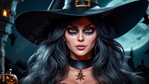 Halloween. Beautiful young witch casts a spell on Halloween