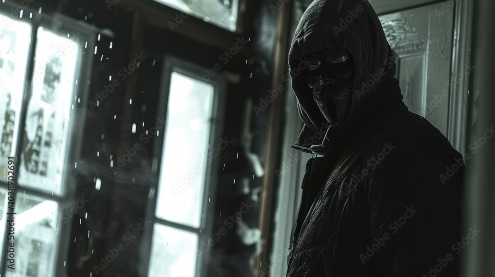 A person in a ski mask breaking into a home, capturing the fear and danger of crime in urban environments A person in a ski mask breaking into a home, capturing the fear and danger of crime in urban environments