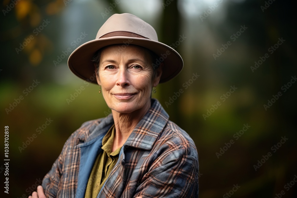 Portrait of senior woman in hat and plaid shirt in autumn forest Portrait of senior woman in hat and plaid shirt in autumn forest