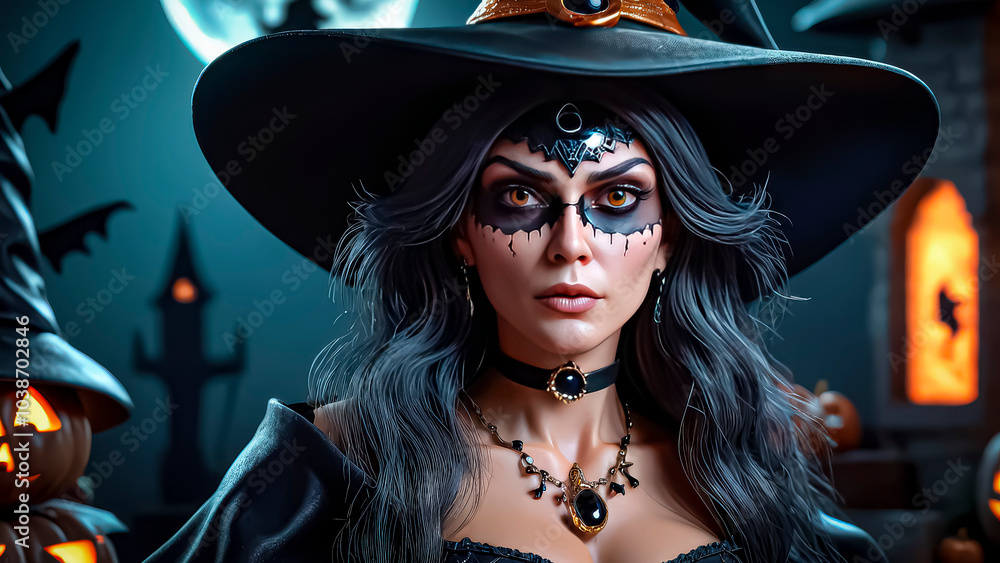 Halloween. Beautiful young witch casts a spell on Halloween Halloween. Beautiful young witch casts a spell on Halloween