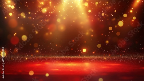 Golden lights stage backdrop for award ceremony or product promotion, red luxury background design concept, vector illustration.