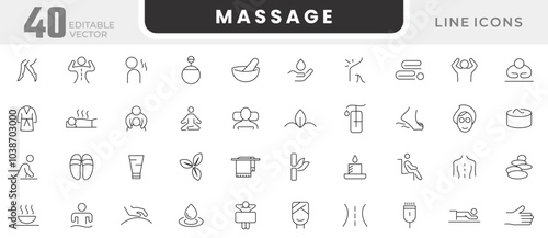 Massage line icon set. Relaxation, spa, sleep, yoga, health, lifestyle, spiritual practice, skin care, massage, hyaluronic acid, serum, pore tightening, and cosmetology icon set. UI thin line icon