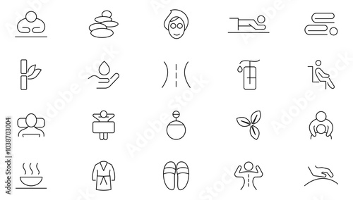 Massage line icon set. Relaxation, spa, sleep, yoga, health, lifestyle, spiritual practice, skin care, massage, hyaluronic acid, serum, pore tightening, and cosmetology icon set. UI thin line icon