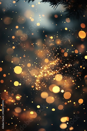 Golden sparkles on dark festive background, holiday mood.