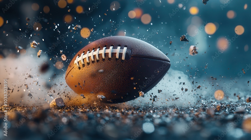 Dramatic close up of American football with debris and dust Dramatic close up of American football with debris and dust