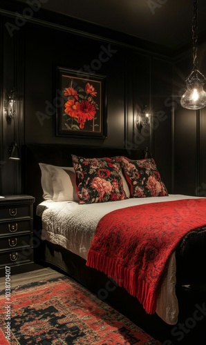 Red and black bedroom with a floral painting. photo