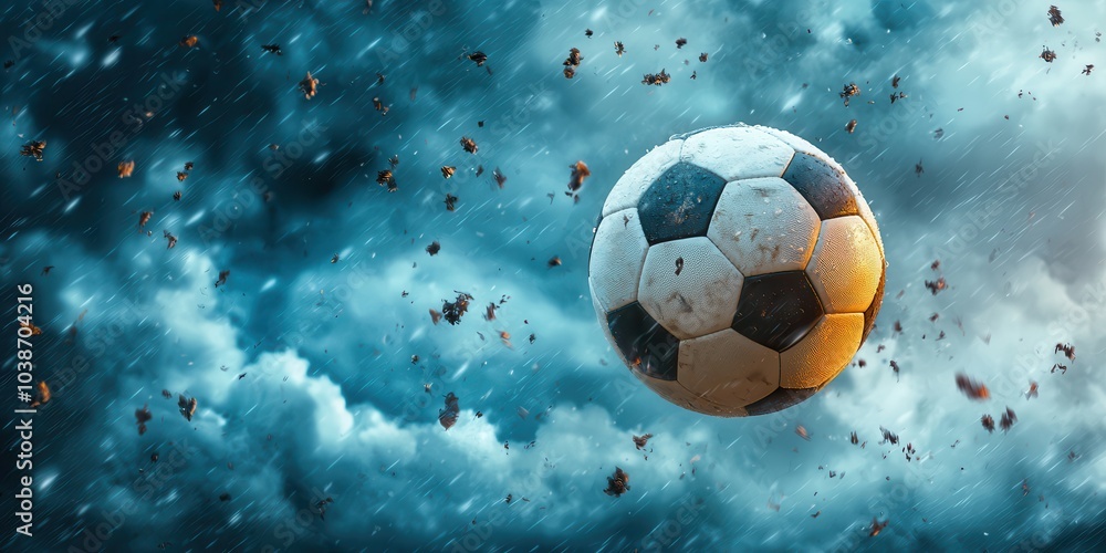 Fototapeta premium soccer ball flying through air against stormy backdrop evokes excitement