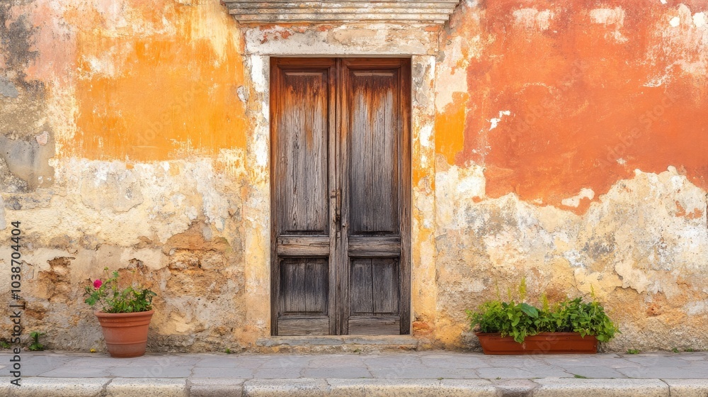 Rustic Wooden Door with Textured Wall and Planters Rustic Wooden Door with Textured Wall and Planters