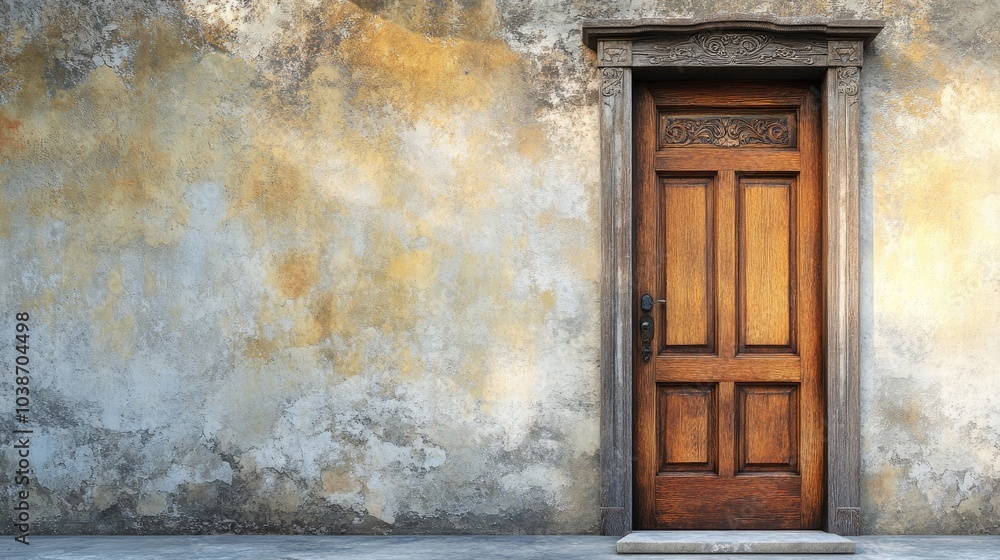 Fototapeta premium Rustic Wooden Door with Textured Wall Background
