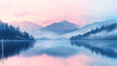 Serene mountain lake with mist at dawn