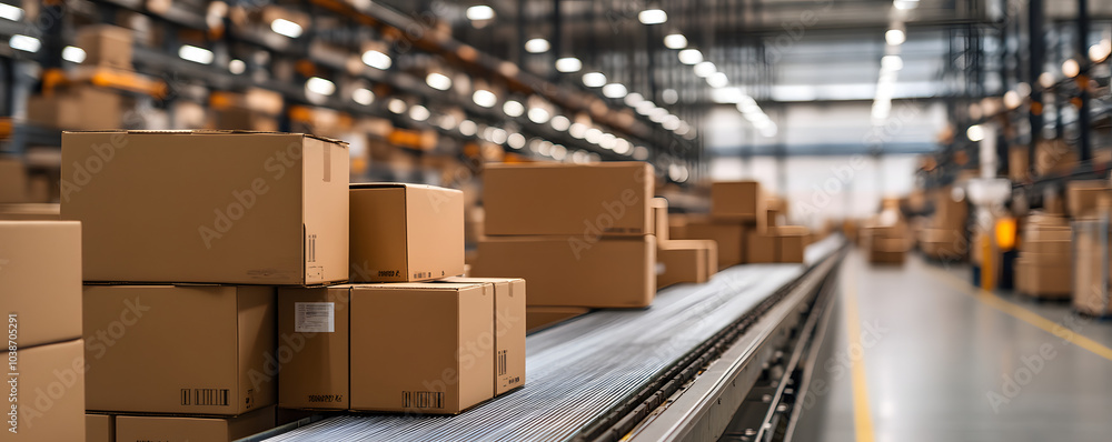 Cardboard Boxes Moving on Conveyor Belt in Warehouse Cardboard Boxes Moving on Conveyor Belt in Warehouse