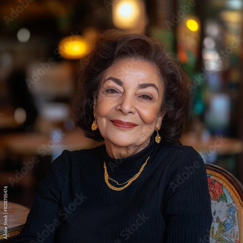 Latina actress Abuela sitting in a cafe photo