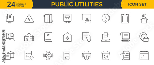 Set of Public utilities web icons in outline style. Rent receipt, electricity, water, gas, garage, heating, Water, Fuel, Electricity, Solar House, Maintenance collection.