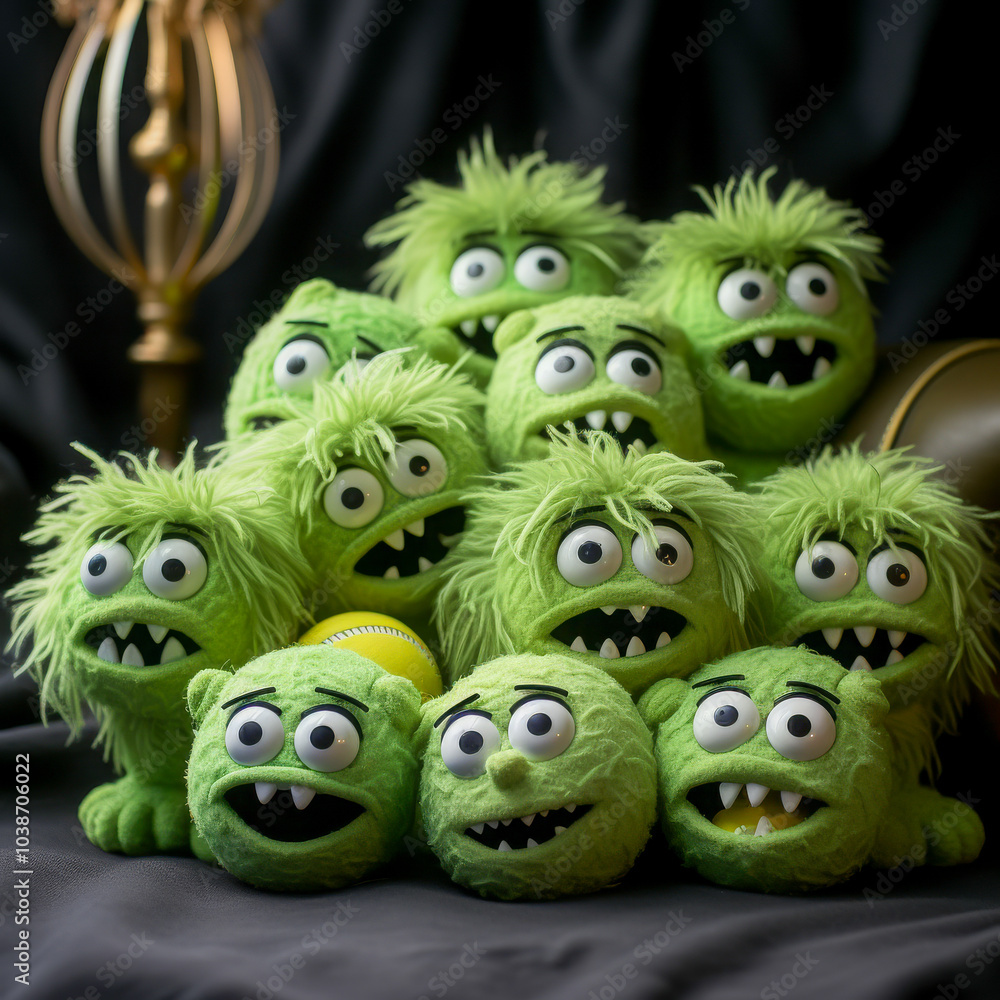 Group of adorable green monster plush toys with wide eyes and toothy grins, featuring a fuzzy texture, arranged together on a dark fabric background Group of adorable green monster plush toys with wide eyes and toothy grins, featuring a fuzzy texture, arranged together on a dark fabric background