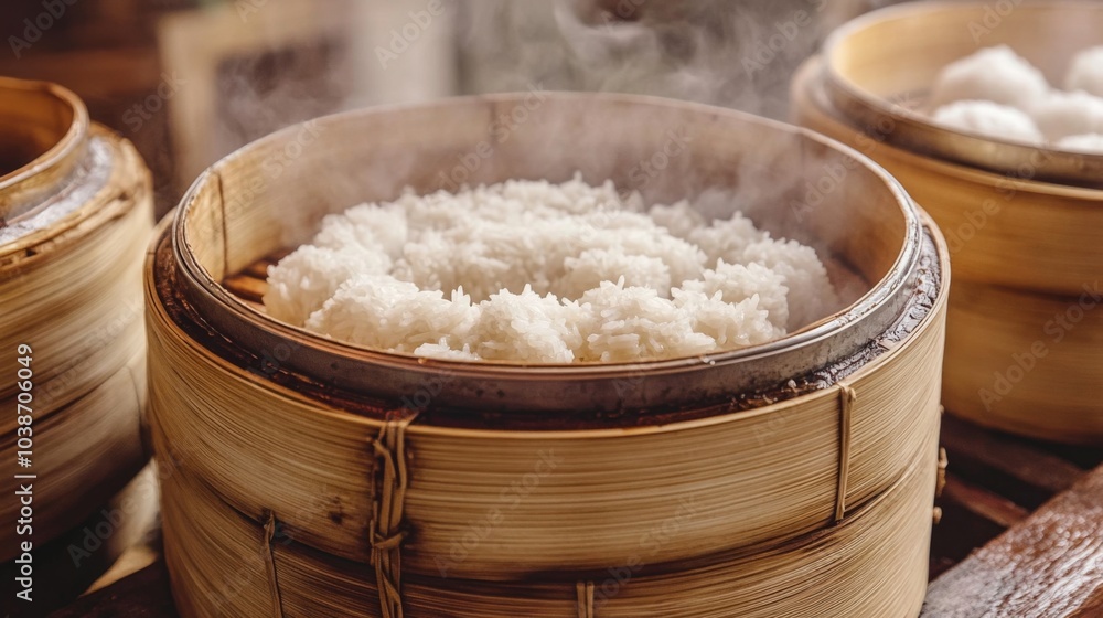 Steaming Rice in Bamboo Basket with Soft Texture Steaming Rice in Bamboo Basket with Soft Texture