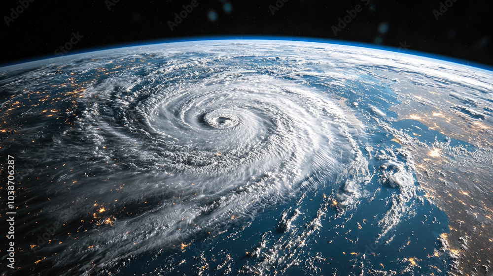 Tropical storm or typhoon view from satellite at night, powerful hurricane eye above ocean. Concept of space, weather, cyclone and warning.