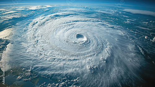Obraz na płótnie Hurricane eye view from orbiting satellite, powerful tropical storm or cyclone above ocean. Concept of space, weather, typhoon, aerial w salonie
