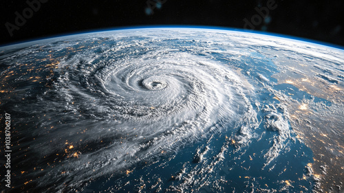 Obraz na płótnie Tropical storm or typhoon view from satellite at night, powerful hurricane eye above ocean. Concept of space, weather, cyclone and warning. w salonie
