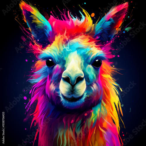 Vibrant and psychedelic portrait of a llama, painted in neon splashes of color, set against a dark background, creating a bold and energetic look