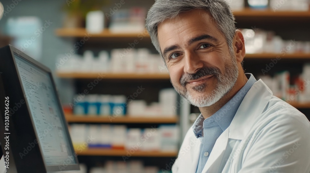 Fototapeta premium happy pharmacy owner looking at computer with medicine shelves in the background 