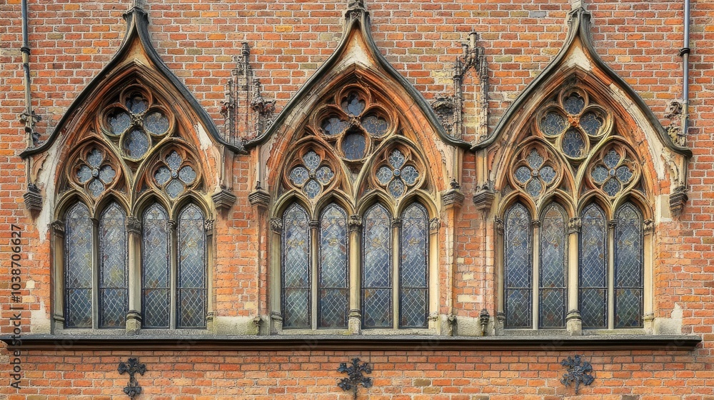 Obraz premium Detailed Gothic Windows on Brick Wall