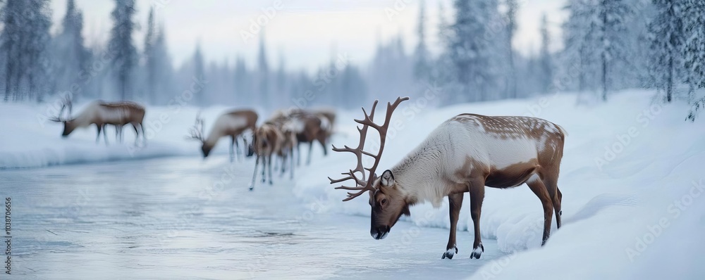 Reindeer herd grazing by a frozen river, peaceful winter beauty in Lapland Reindeer herd grazing by a frozen river, peaceful winter beauty in Lapland
