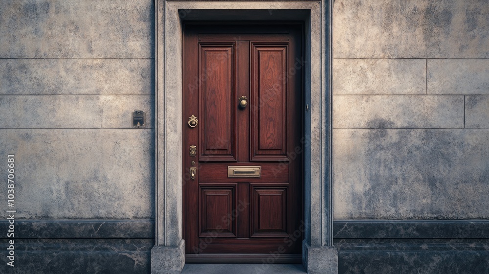 Elegant wooden door on a textured wall Elegant wooden door on a textured wall