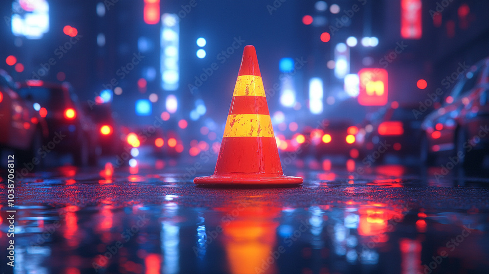vibrant orange construction cone stands boldly in the midst of a chaotic urban scene, symbolizing resilience, caution, and stability. The cone contrasts with the bustling city, offering a moment of re vibrant orange construction cone stands boldly in the midst of a chaotic urban scene, symbolizing resilience, caution, and stability. The cone contrasts with the bustling city, offering a moment of re