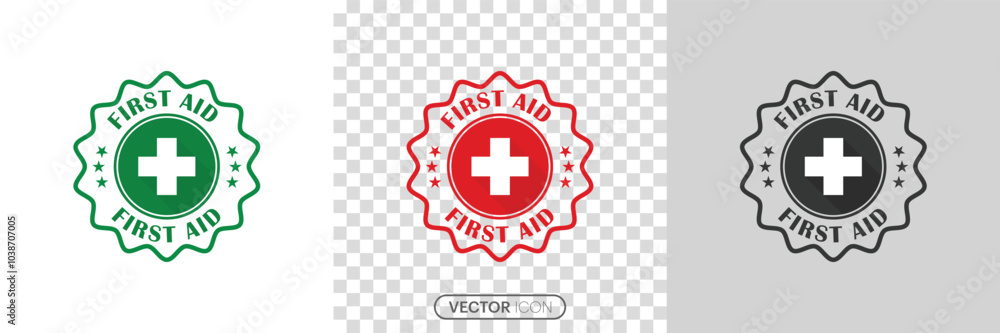 Obraz premium First aid rubber stamp icon Set. medical supplies, medical emergency business concept First aid stamp icon in linear style on a white and transparent background. vector illustration