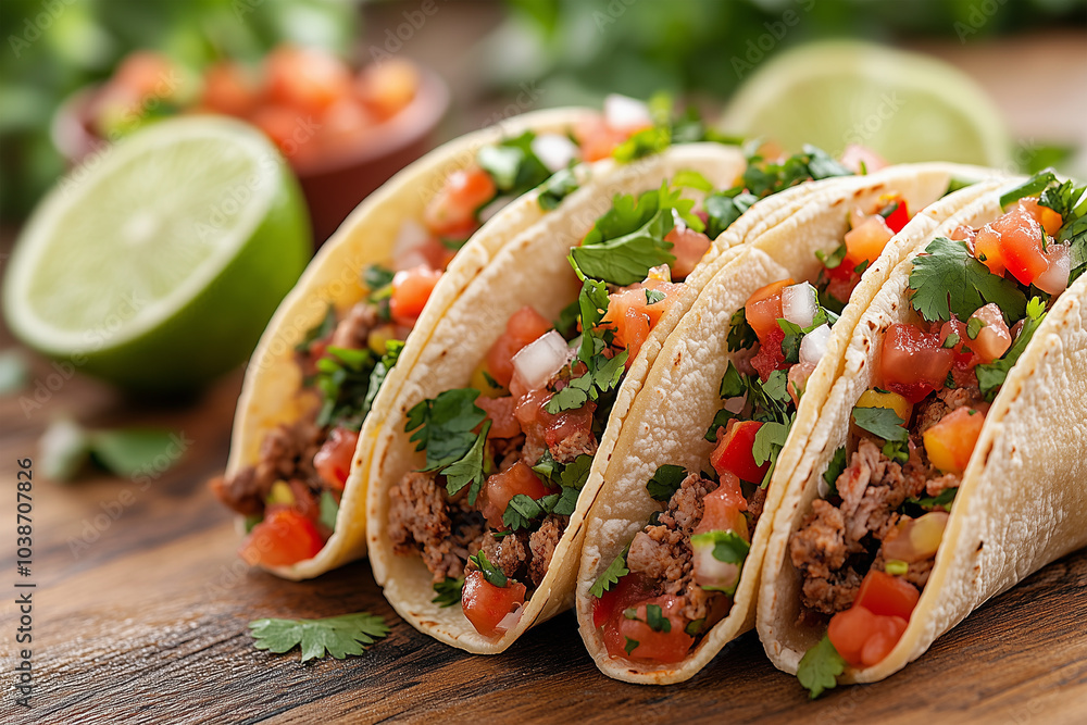 Freshly prepared tacos on a rustic wooden table, topped with colorful salsa, cilantro, and lime slices Freshly prepared tacos on a rustic wooden table, topped with colorful salsa, cilantro, and lime slices